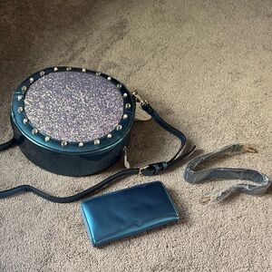 Handbag Republic Teal Round Crossbody Bag Glitter Studded 2 Piece Wallet Vegan